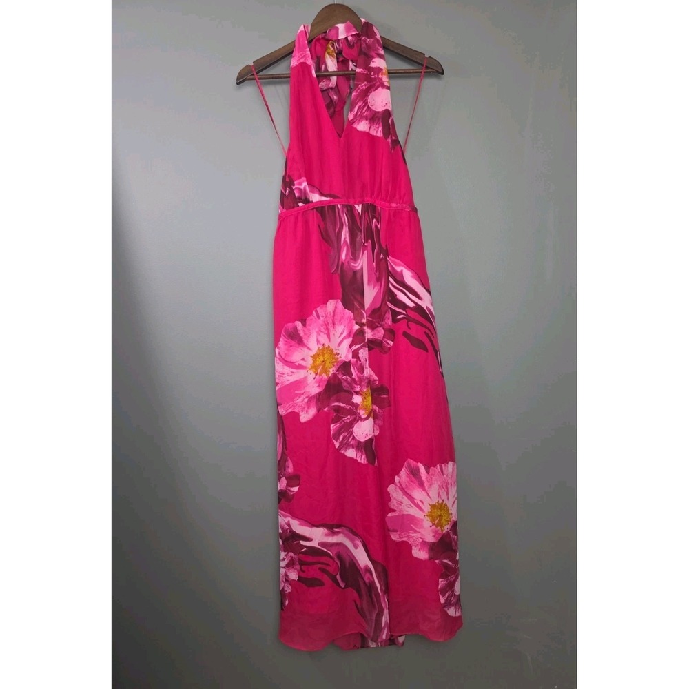 Jennifer Lopez Women's Floral Red Halter Maxi Dress Large Bold Flowy Light Lined